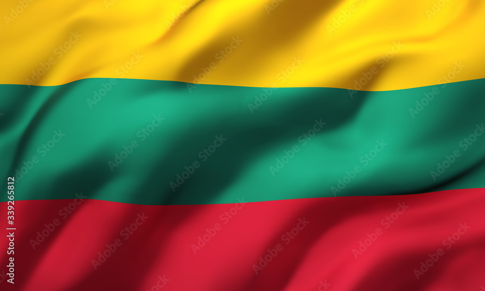 Flag of Lithuania blowing in the wind. Full page Lithuanian flying flag. 3D illustration.