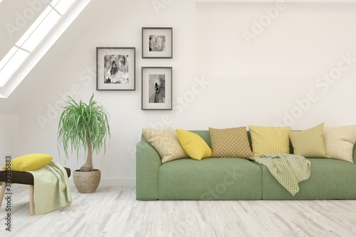 White living room with sofa. Scandinavian interior design. 3D illustration