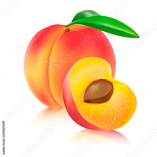 Vector peach set illustration. 3d Realistic vector half peach isolated on white background.