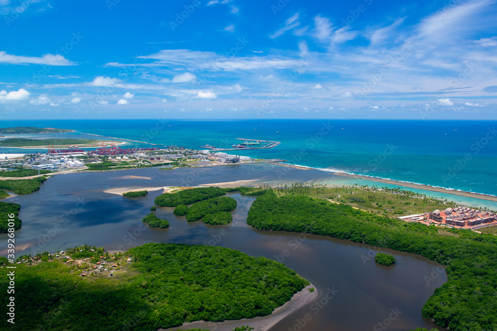 Porto de Suape, Ipojuca, Pernambuco on March 1, 2014. Near the capital Recife, one of the most important ports for the development and progress of the northeast region of Brazil. Aerial view