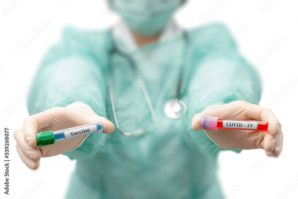 Doctor nurse in a hospital laboratory clinic showing test tubes with analysis and vaccine for coronavirus. Doctor nurse in a hospital laboratory clinic showing test tubes with analysis and vaccine for coronavirus.
