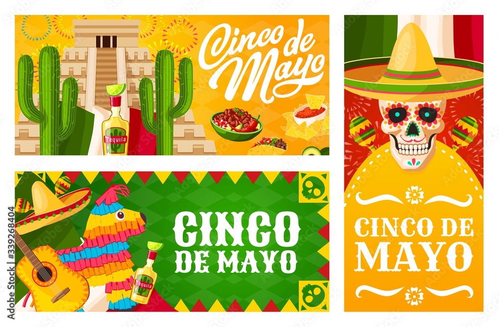 Cinco de Mayo Mexican holiday vector banners. Mexico fiesta sombrero hats,  maracas and festival mariachi guitar. Cactuses, calavera skulls and flags,  tequila, tacos and nachos, pinata and pyramid Stock Vector | Adobe