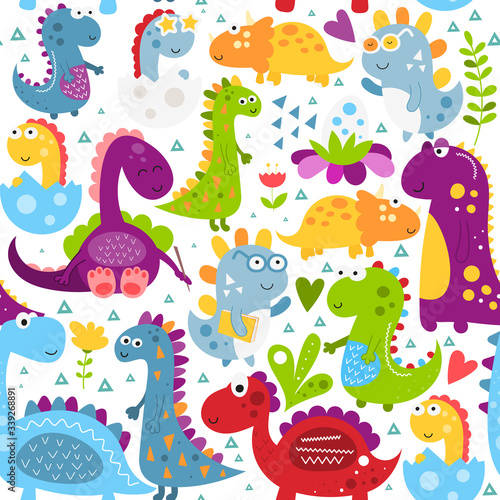 Childish seamless pattern with funny dinosaurs in cartoon style. Vector Illustration. Kids illustration for nursery design. Dino print great for baby clothes, wrapping paper.