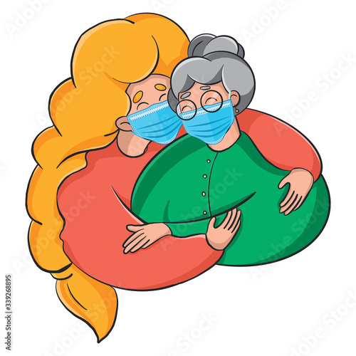 An elderly woman in a protective mask. People at risk. caring for loved ones. grandmother in a protective mask on a white background. vector