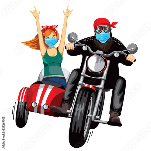 A man and a girl are racing on a red motorcycle with a sidecar. face mask. White background. Vector illustration.