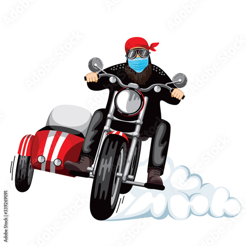 A man  racing on a motorcycle with a sidecar. face mask. White background. Vector illustration.