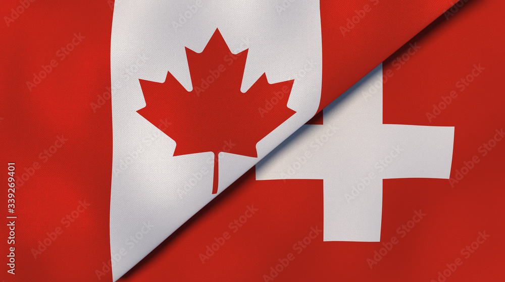 The flags of Canada and Switzerland. News, reportage, business background. 3d illustration
