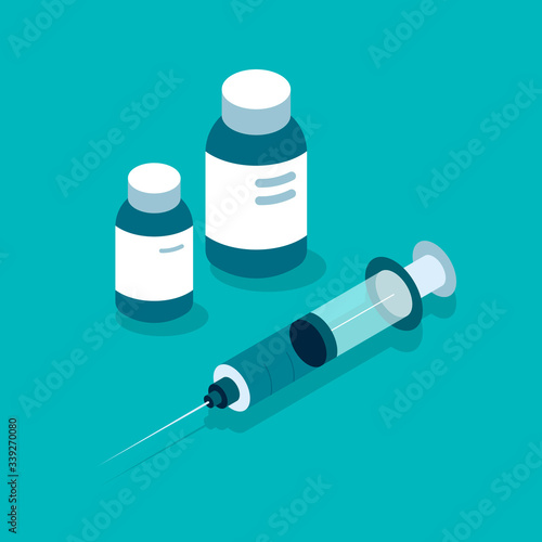 Vaccination concept.  Syringe with Covid-19 vaccine and  bottle. Time to vaccinate concept. 