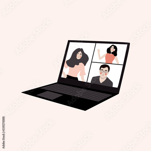 Video conference. People group on computer screen taking with colleague. Video conferencing and online communication vector concept. Illustration of communication screen conference, videoconferencing