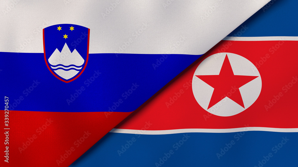 The flags of Slovenia and North Korea. News, reportage, business background. 3d illustration