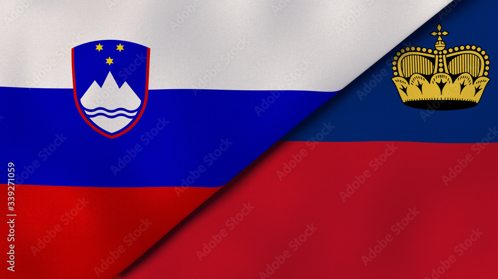 The flags of Slovenia and Liechtenstein. News, reportage, business background. 3d illustration