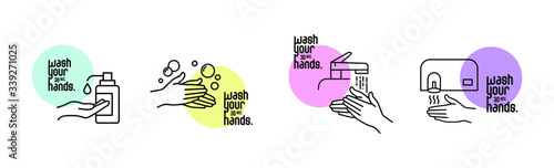 Simple design for hand washing with soap icon. Lettering Wash Your Hands. Line  vector illustration  with colorful circle on white background.