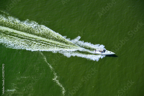 Speedboat at sea, Recife, Pernambuco, Brazil on March 1, 2014. Aerial view