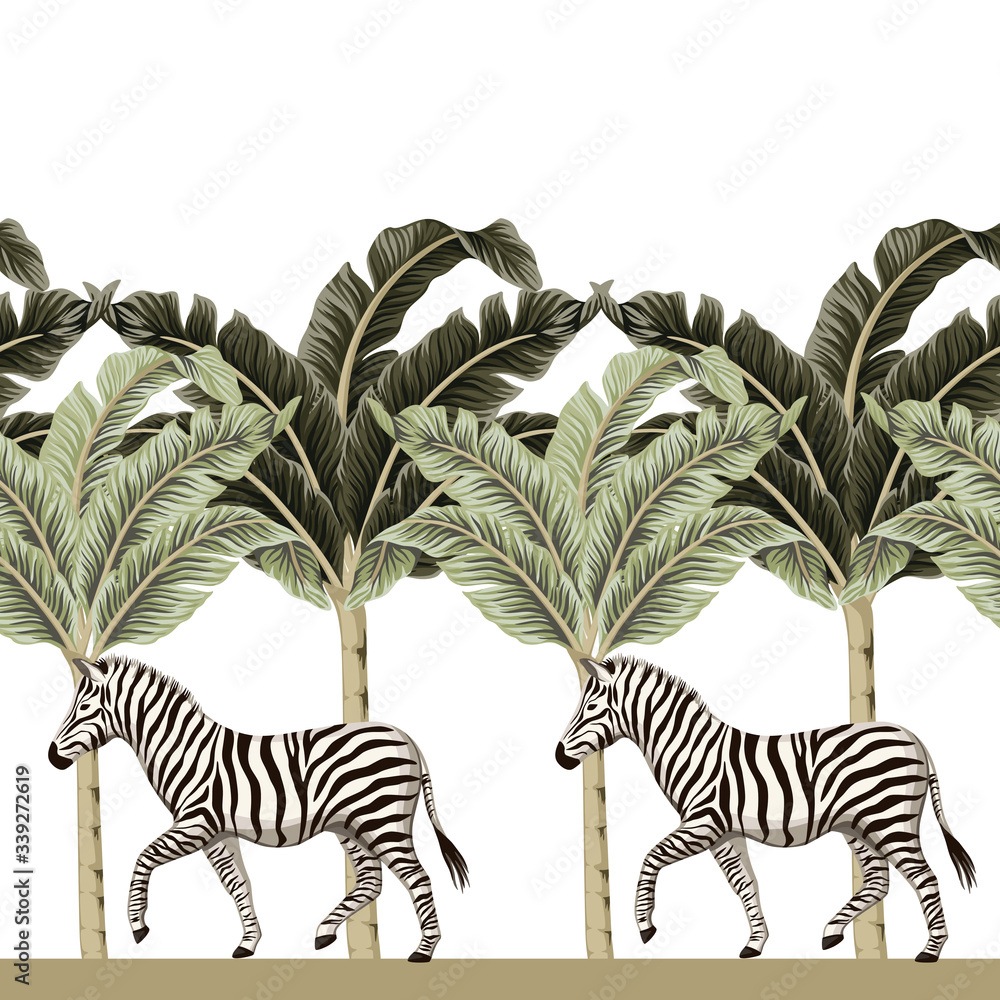 Vintage african zebra wildlife animal, banana tree floral seamless border  white background. Exotic safari wallpaper. Stock Vector | Adobe Stock
