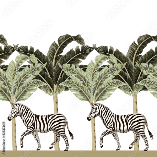 Vintage african zebra wildlife animal, banana tree floral seamless border white background. Exotic safari wallpaper.