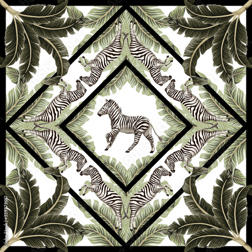 Vintage banana tree floral, zebra animal geometric pattern white background. Exotic tropical scarf.