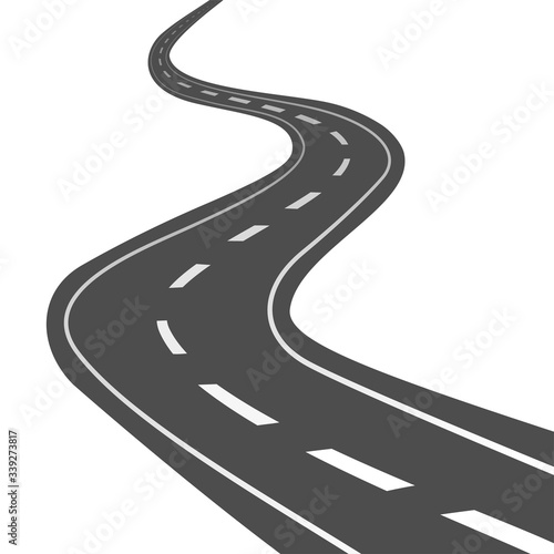Curved road with white markings . Road way location infographic template. Highway in aerial perspective. Vector illustration isolated on white background.
