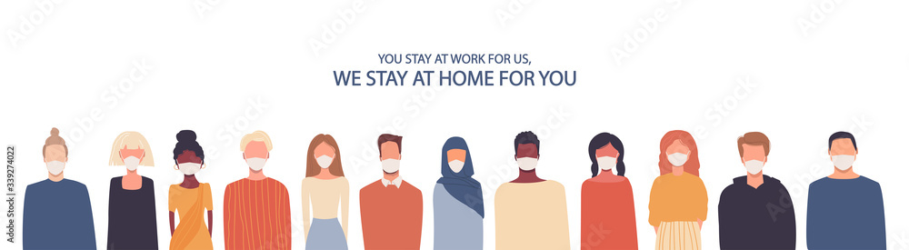 People in medical masks. Coronavirus COVID-19 infection, quarantine. Vector illustration in flat style isolated on white. Thank you doctors. We stay at work for you, you stay at home for us People in medical masks. Coronavirus COVID-19 infection, quarantine. Vector illustration in flat style isolated on white. Thank you doctors. We stay at work for you, you stay at home for us
