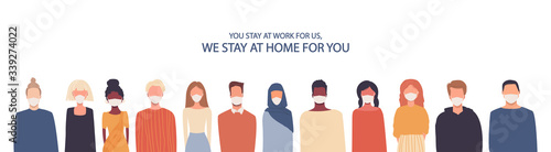 People in medical masks. Coronavirus COVID-19 infection, quarantine. Vector illustration in flat style isolated on white. Thank you doctors. We stay at work for you, you stay at home for us