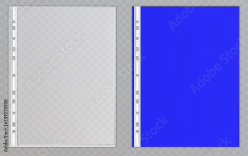 Vector transparent plastic files. Cellophane folders to protect documents