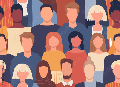 Vector seamless pattern in flat style with people of different nationalities, cultures. Global society. Cultural diversity. Multiethnic group. Friendship, communication, traveling. Universal design