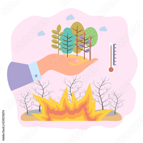 Forest rescue from fire. Burnt earth, fire in the forest, pollution of the planet. Global warming, greenhouse gas emissions. Colorful vector illustration.