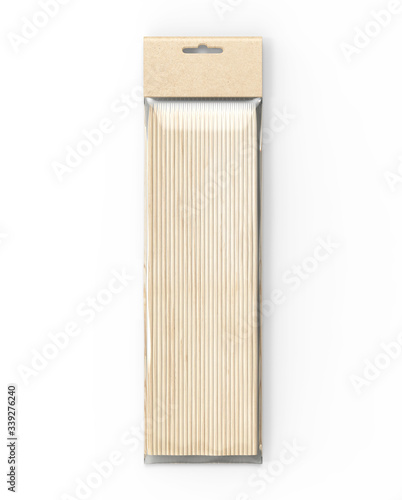 BBQ Accessories Bamboo Skewers And Picks Plastic paper slot Packaging, 3d render illustration.