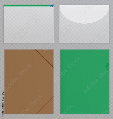 Vector transparent plastic files. Cellophane folders to protect documents