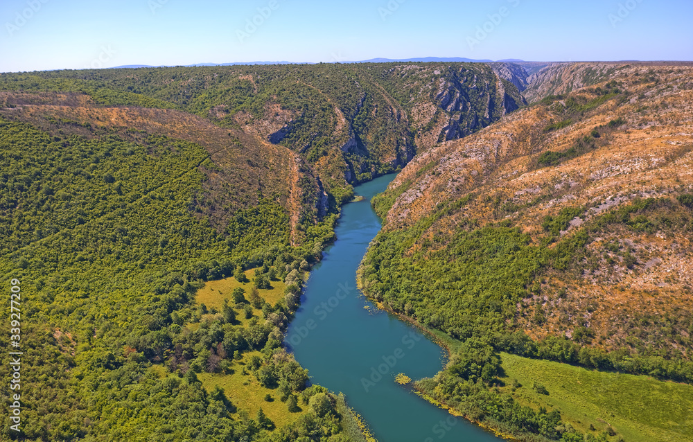 Aerial view of the Krka River Canyon located downstream of Bilusic buk in Promina county in Croatia
