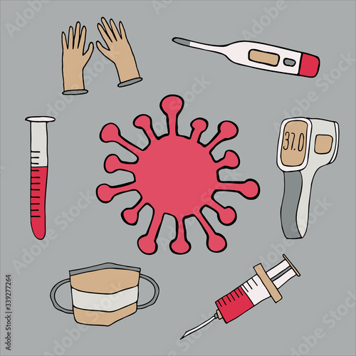 Vector colourful isolated design medical set regarding coronavirus, including virus cell, mask, gloves, syringe with vaccine, and thermometers. The design is perfect for advertisement, stikers, 