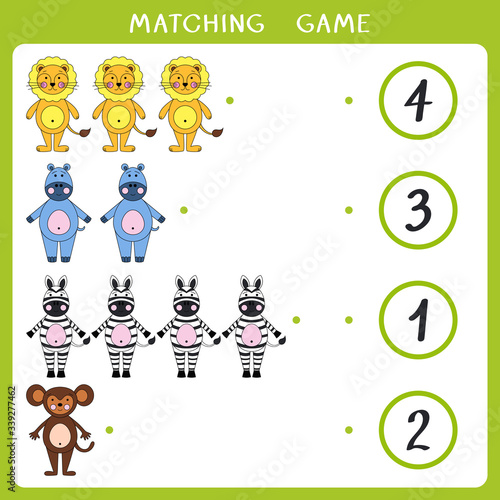 Fototapeta Naklejka Na Ścianę i Meble -  Educational math game for kids. Count how many animals and connect with number