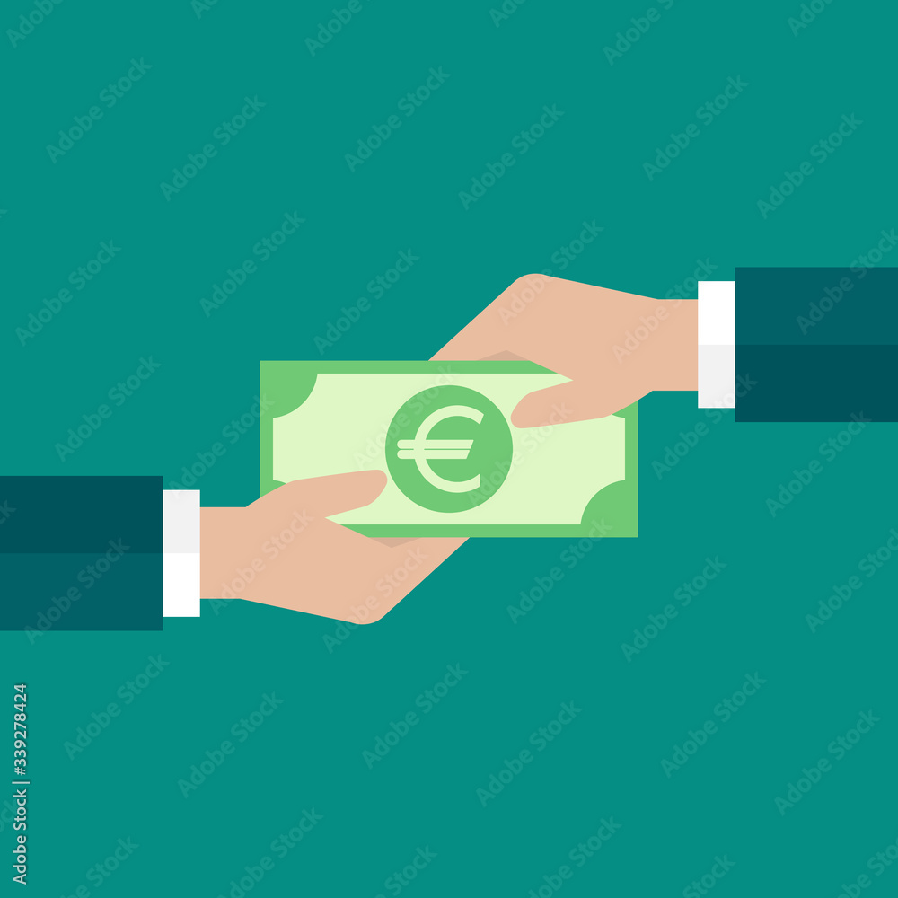 businessman hand hand gives euro banknote to another hand. Vector flat illustration on blue. businessman hand hand gives euro banknote to another hand. Vector flat illustration on blue.