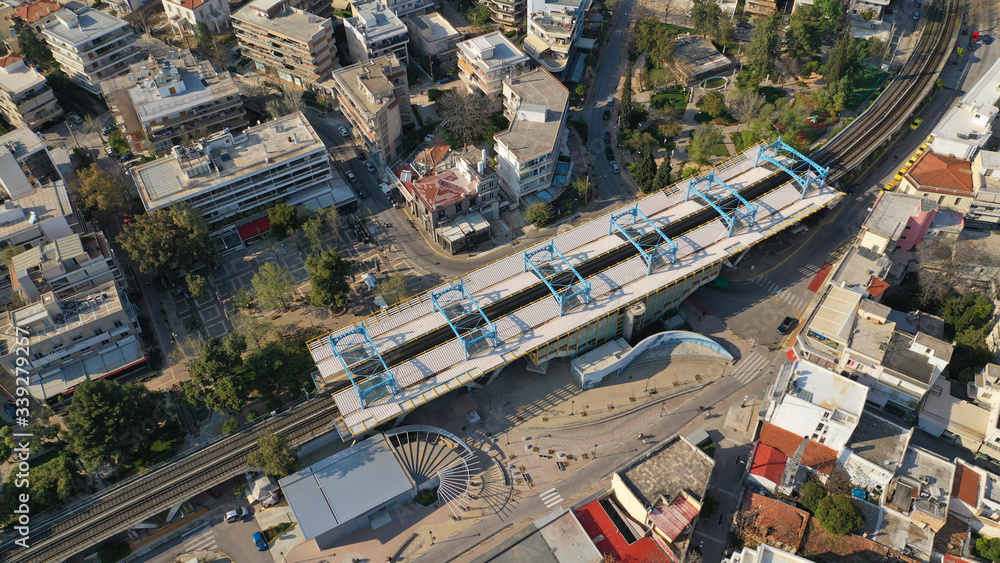 Fototapeta premium Aerial drone photo of main train station of Marousi centre and district, North Athens, Attica, Greece
