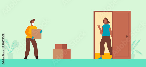 Vector illustration in flat simple style  - contactless delivery - novel coronavirus