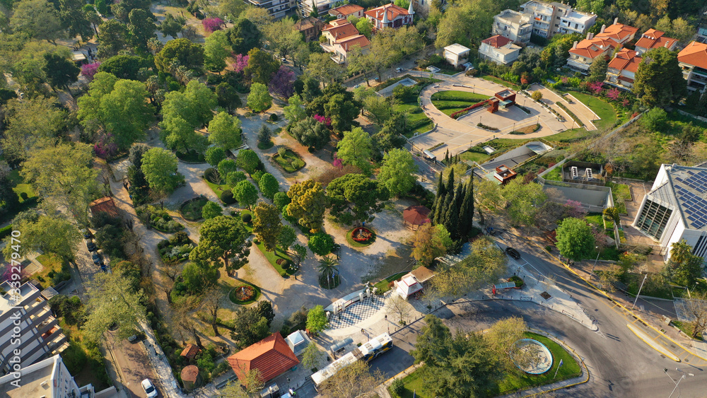 Aerial drone photo of main park of Kifisia district or Alsos Kifisias, North Athens, Attica, Greece