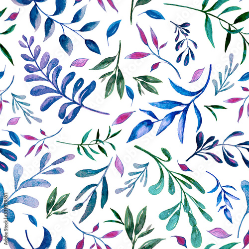 Purple and blue leaves texture pattern. Watercolor floral pattern.