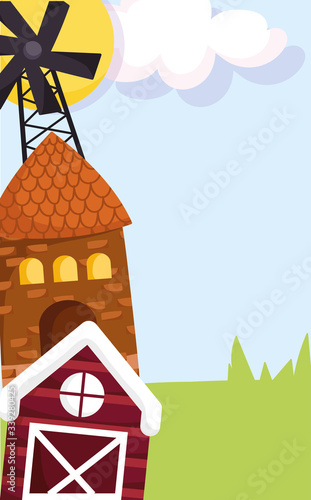 farm animals windmill house barn grass cartoon design