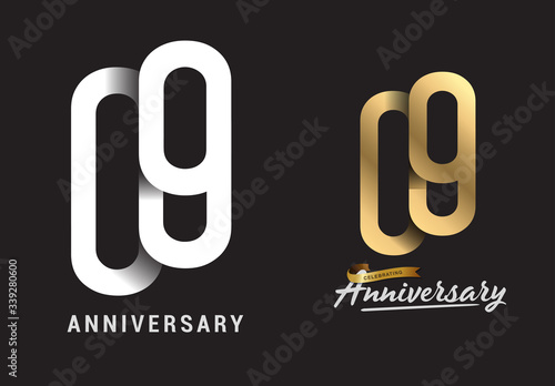 9 years anniversary celebration logo design. Anniversary logo Paper cut letter and elegance golden color isolated on black background, vector design for celebration, invitation card, and greeting card