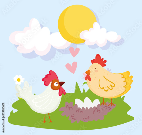 farm animals rooster hen and egg in nest cartoon