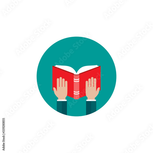 Businessman hands hold red open book in blue circle. Flat reading icon.