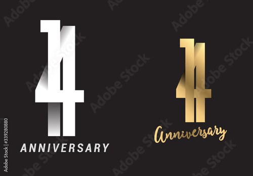 14 years anniversary celebration logo design. Anniversary logo Paper cut letter and elegance golden color isolated on black background, vector design for celebration, invitation card, and greeting