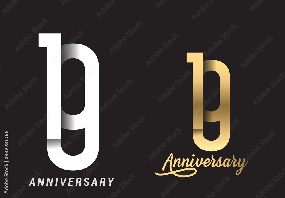 19 years anniversary celebration logo design. Anniversary logo Paper cut letter and elegance golden color isolated on black background, vector design for celebration, invitation card, and greeting 19 years anniversary celebration logo design. Anniversary logo Paper cut letter and elegance golden color isolated on black background, vector design for celebration, invitation card, and greeting