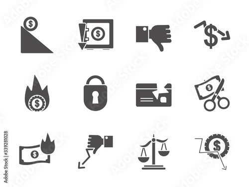 padlock and economic recession icon set, silhouette style