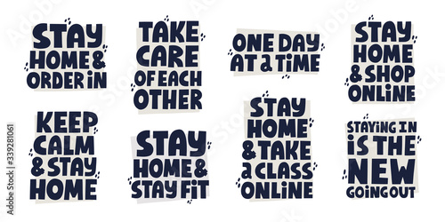 Set of different quotes about self isolation activities. Hand drawn vector lettering for social media, banner