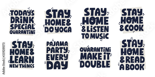 Set of different quotes about self isolation activities. Hand drawn vector lettering for social media, banner