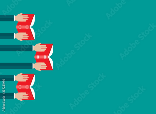 Businessman hands hold red open book isolated on blue. Flat reading icon.