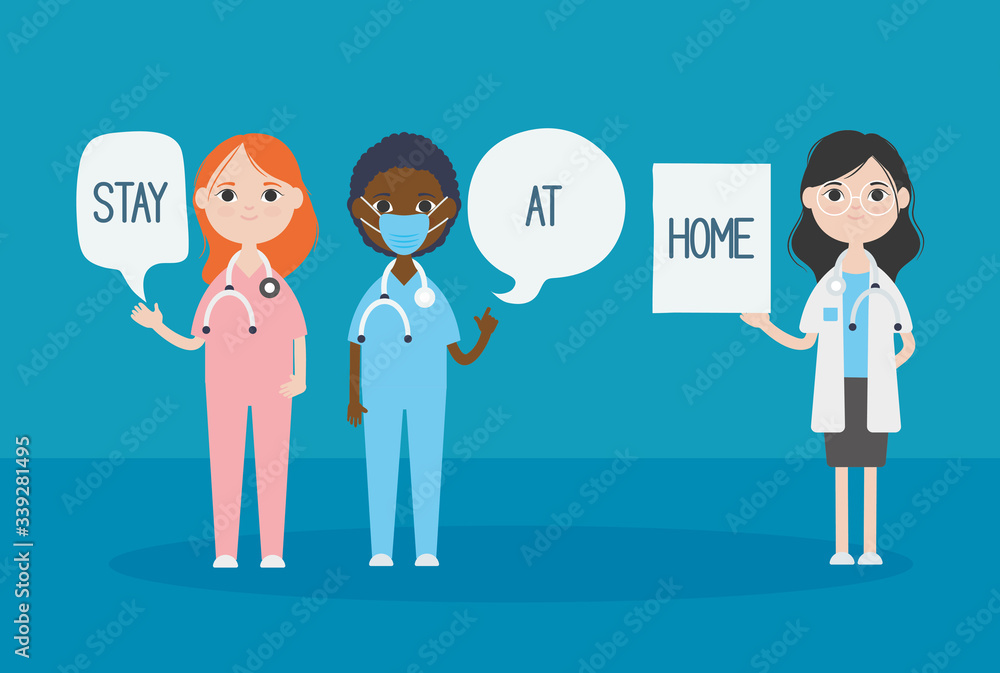 stop covid19 concept, Cartoon doctors women showing the importance of stay home, colorful design