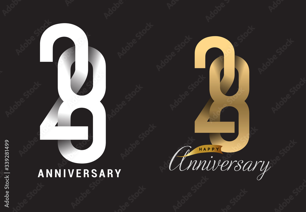 28 years anniversary celebration logo design. Anniversary logo Paper cut letter and elegance golden color isolated on black background, vector design for celebration, invitation card, and greeting - obrazy, fototapety, plakaty 