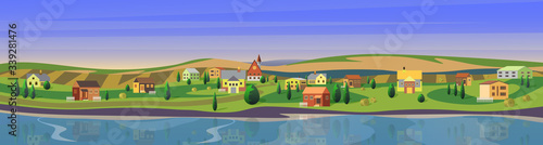 Lovely small town flat cartoon landscape countryside panorama background vector illustration. Wide clear calm river  houses between trees on riverside  large green fields. Small european city.