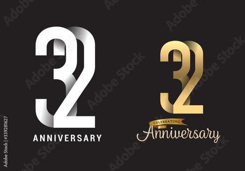 32 years anniversary celebration logo design. Anniversary logo Paper cut letter and elegance golden color isolated on black background, vector design for celebration, invitation card, and greeting